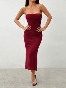 SHEIN PETITE Stil Farbverlauf Mesh Trägerloses Bodycon Kleid, Petite Frauen - Bordeaux - Übersicht 5