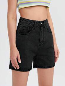 SHEIN EZwear 女款高腰口袋休閒百搭牛仔短褲 - 黑色 - 查看 3