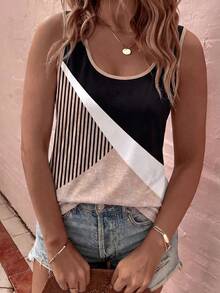 EMERY ROSE CURVE Fashionable New Retro Casual Basic U-Neck Striped Colorblock Tank Top - Multicolor - View 3