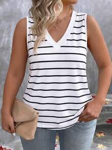 EMERY ROSE Women's Spring/Summer New Hot-Selling Striped Print Pattern Layered V-Neck Casual Versatile Plus Size Tank Top - Multicolor - View 4