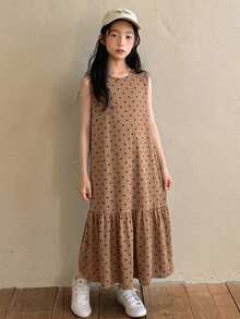 DAZY 青少年女孩波點印花圓領荷葉邊下擺無袖洋裝 夏季 - 棕色 - 查看 3