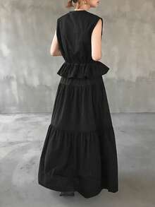 FRIFUL Women's Summer Casual Drawstring Waist Vest & Skirt 2 Pieces Set - Black - View 6