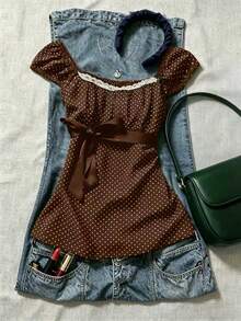 INAWLY Navy Blue Polka Dot Square Neck Petal Sleeve Tie Waist Blouse - Brown - View 1