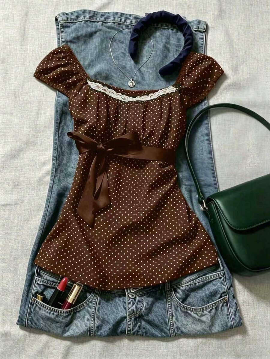 INAWLY Navy Blue Polka Dot Square Neck Petal Sleeve Tie Waist Blouse - Brown - View 1