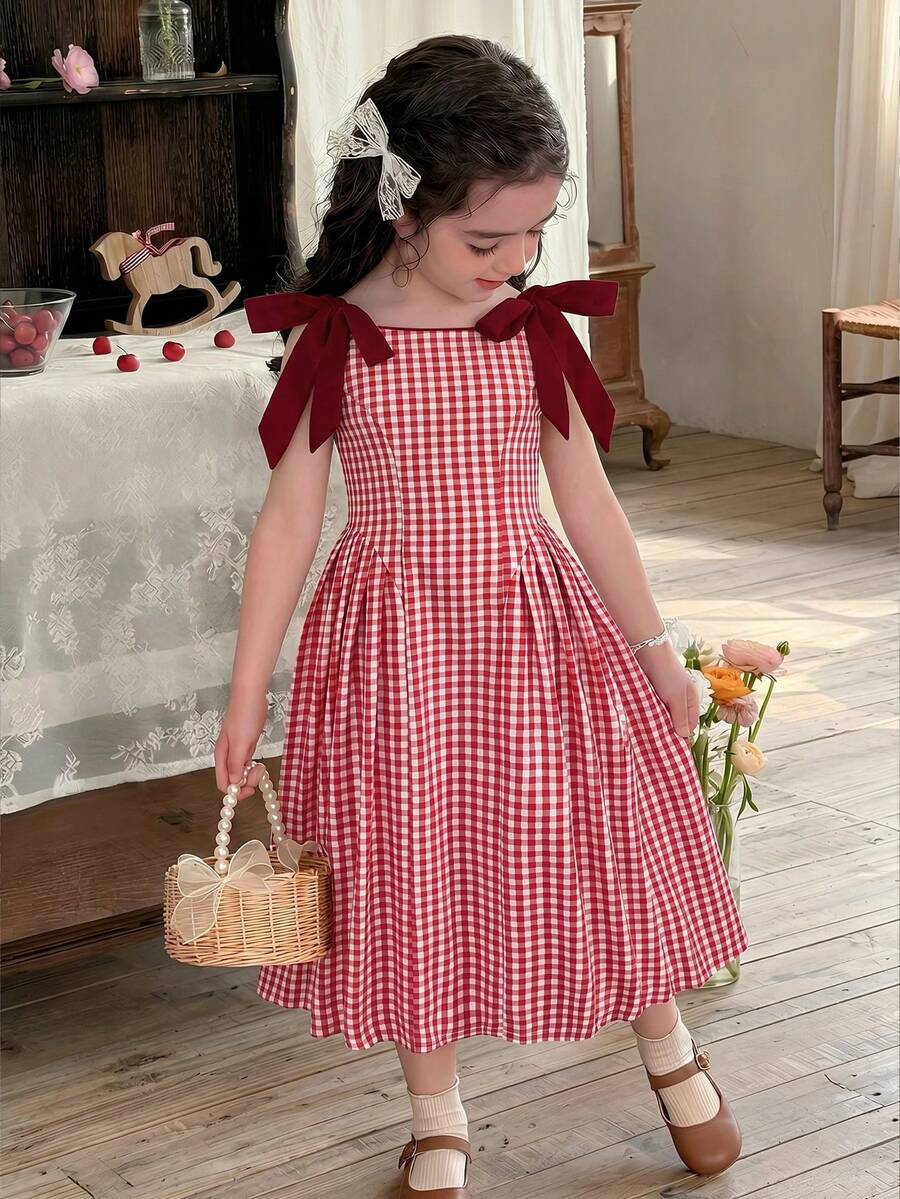 SHEIN LMoss Kids 少女休闲优雅格子圆领无袖连衣裙,配有可拆卸蝴蝶结,适合日常穿着。 - 紅白色 - 查看 1