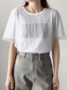 FRIFUL Women's Summer Spring/Autumn Solid Color Patchwork Sheer Mesh Loose Casual Versatile T-Shirt - Grey - View 5