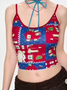 Sweetness Spring/Summer Vacation Handmade Cute Apple Print Red White And Blue Design Women's Tank Top, Suitable For Island Vacation, Date, Valentine's Day Y2k - Multicolor - View 9