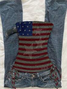 Attitoon Casual Minimalist Style American Flag Faux Texture Positioned Print Pattern Women's Casual Drawstring Tie-Up Fitted Tube Top Suitable For Spring/Summer Independence Day Y2K - Multicolor - View 3