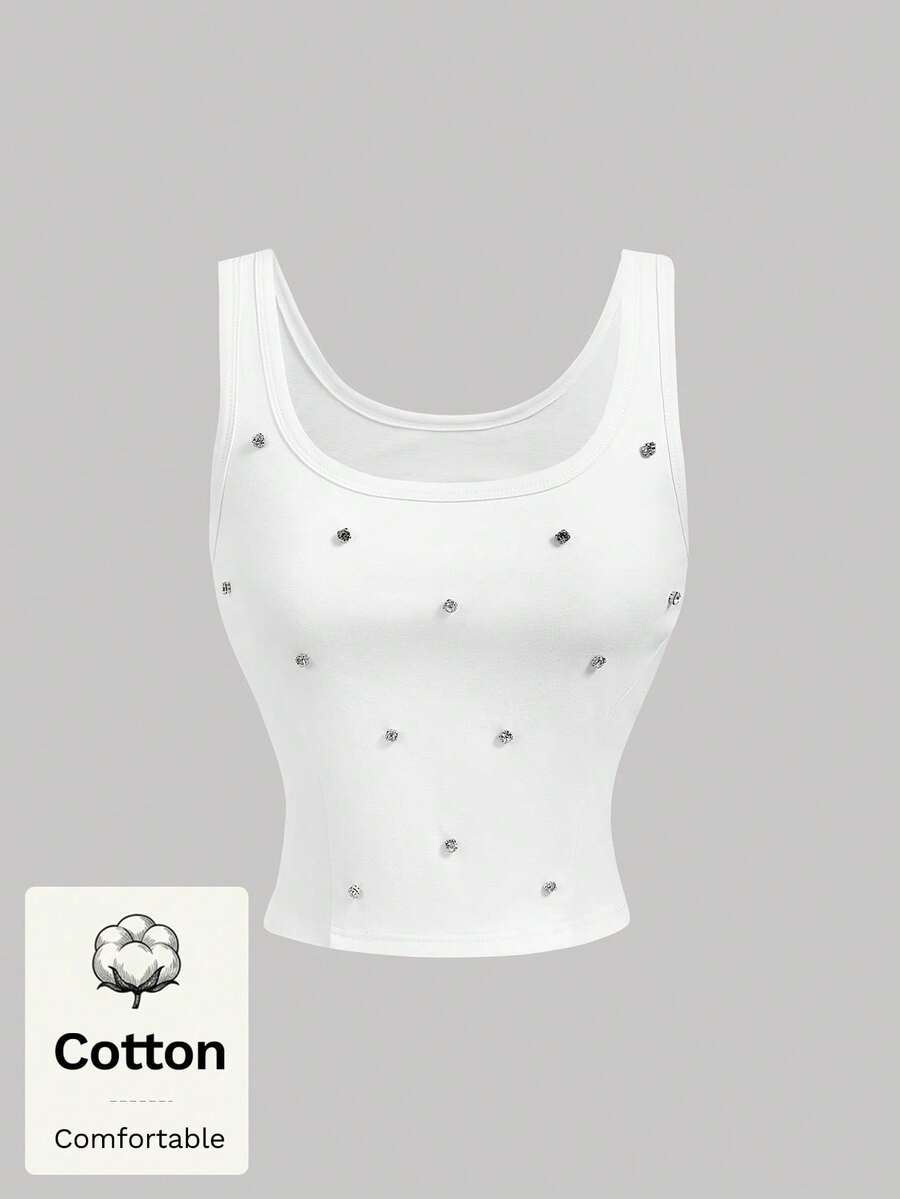 SHEIN MOD 女款棉質水鑽圓領無袖短版白色甜美性感休閒 Coquette 風背心,適合外出、夜晚、日常、情人節,春夏季穿搭 - 白色 - 查看 1