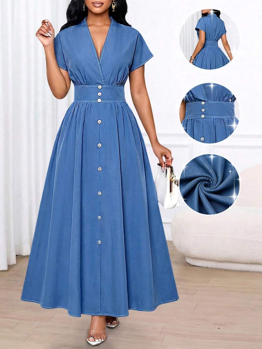 SHEIN Lady 蓝色束腰短袖连衣裙 - 藍色 - 查看 1