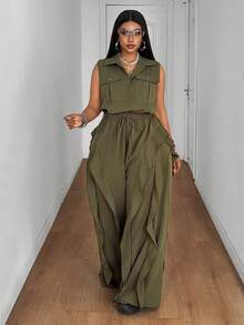 Maweii Plus Size Lapel Button Sleeveless Ruffle Loose Jumpsuit Suitable For Daily Wear - Army Green - View 4