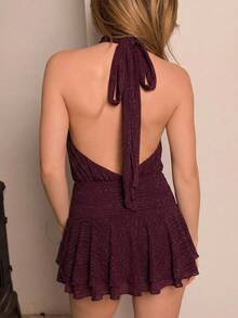 Katetique Women's Purple-Red Halter Neck Ruffle Hem Mini Dress, Purple-Red Dress Party - Purple - View 5
