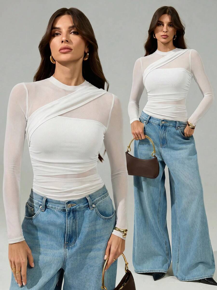SHEIN Tall Bodysuit nữ màu nâu, tay dài lưới xuyên thấu, cổ giả cao nhún bèo, phù hợp cho tiệc cocktail, hẹn hò lãng mạn, mặc lớp lót mùa đông - trắng - Xem 1