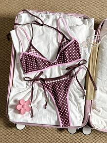 SHEIN Swim 2026春夏 Y2K復古爆紅女孩性感 2合1 波普藝術棕色波點印花 性感度假海灘休閒女款泳衣套裝 - 彩色 - 查看 2