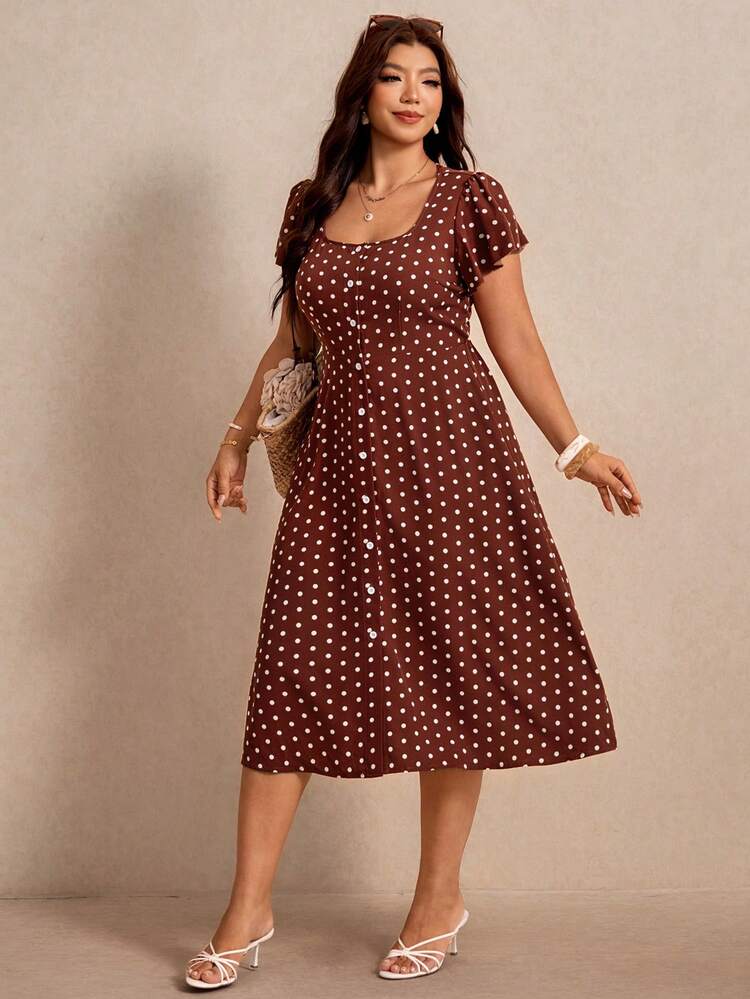 Elaquor Plus Size Women's Polka Dot Print Square Neck Single Breasted Elegant 90s Dress Casual Summer Vacation Going Out Brown - Brown - View 6
