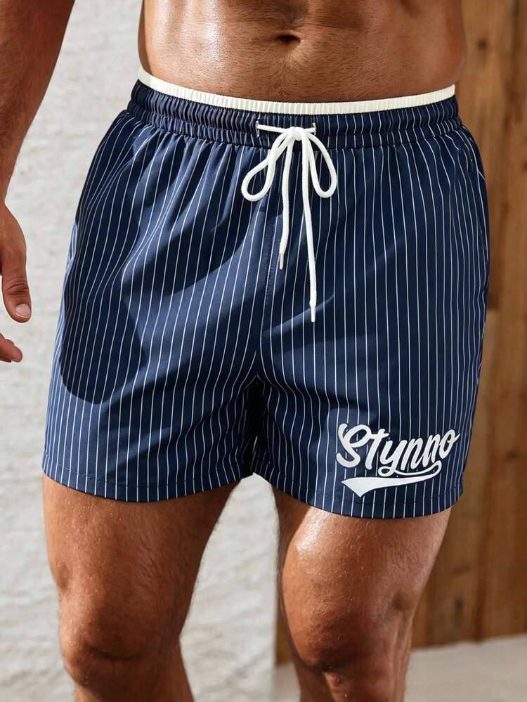 ZELFYO Quần short nam đi biển phong cách casual, cạp chun rút, họa tiết sọc chữ cho kỳ nghỉ - Màu xanh hải quân - Xem 5