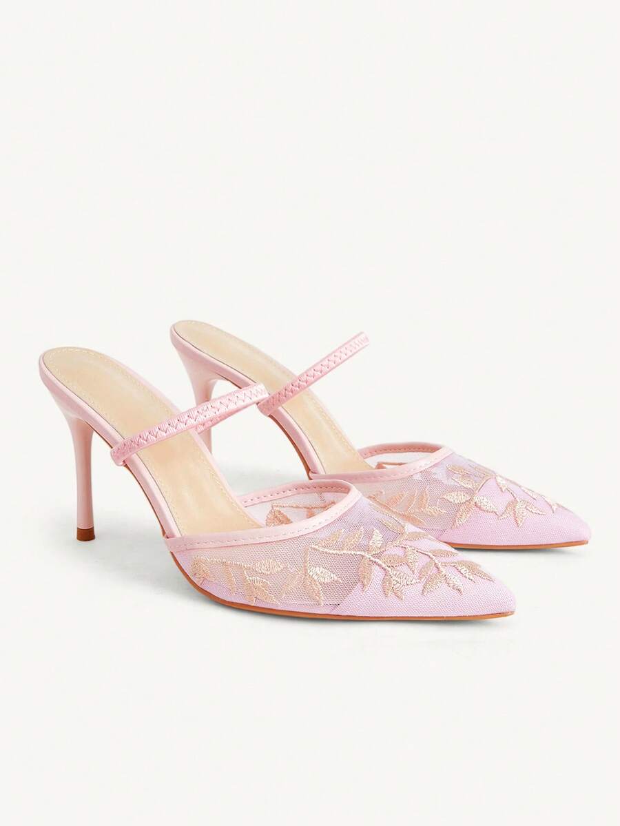 CUCCOO CHICEST 女款春夏新款裸色網紗刺繡尖頭單帶鏤空細跟涼鞋,法式優雅約會婚禮伴娘鞋 - 淺粉色 - 查看 1