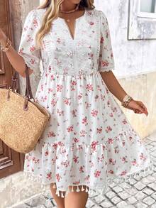 Breezaya Plus Size Pastoral Boho Floral V-Neck Short Sleeve Water-Soluble Flora Lace Patchwork Tassel Dress Vacation Summer Beach Festival Party White - Multicolor - View 4
