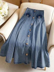 GlowEve Women's Solid Color Minimalist Button Decor A-Line Denim Skirt - Light Wash - View 1