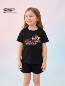 THE POWERPUFF GIRLS X SHEIN Maija Kids 女童休闲简约卡通图案圆领短袖T恤，适合夏季穿着 - 彩色 - 查看 1