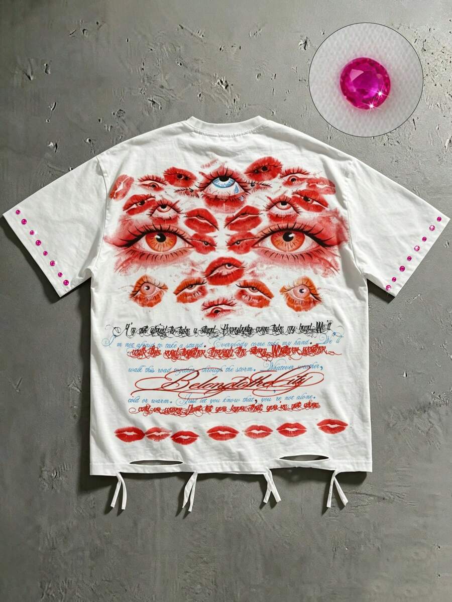 ROMWE MEN 2026 Summer New Casual Distressed Rhinestone Heavy Work T-Shirt Graphic Short Sleeve Couple Style Men Women Crew Neck Top - White - View 1