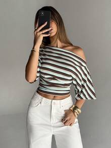 Aloruh Women's Striped Asymmetric Neck Loose Fit Ruched Waist Cinched Simple Basic T-Shirt - Multicolor - View 5