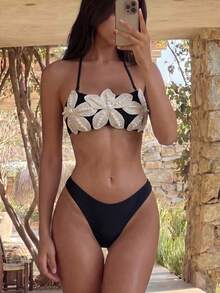 Swim Vcay 女款夏季淺米色海星人造珍珠比基尼，極簡性感風海星人造珍珠裝飾海灘度假泳衣，修身小眾設計海灘泳裝套裝 - 黑色 - 查看 1