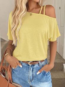 Easowa Casual Knit Asymmetrical Shoulder Double Strap Slanted Shoulder Women's T-Shirt Vacation Yellow Summer - Yellow - View 6