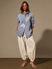 Athîral Denim 女款蕾絲拼接休閒牛仔上衣 - 淺色水洗藍 - 查看 3