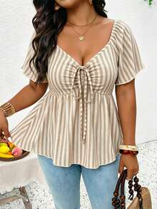 SHEIN Frenchy Plus Size Women V-Neck Short Waist Textured Brown Long Sleeve T-Shirt, Casual Versatile Tee, Ruffle Sleeve Cinching Waist Front Tie Design, Elegant Top, Commute Business Top, Brown Top Brown Top Lace - Apricot - View 3