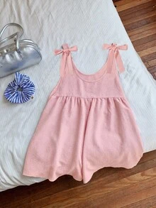 SHEIN Tween女孩復活節夏季粉色蝴蝶結肩帶連身褲休閒日常百搭 - 粉色 - 查看 4