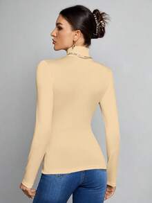 SHEIN Tall Simple Solid Color Slim High Collar White Top Suitable For Autumn And Winter - Apricot - View 2