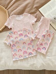 SHEIN LMoss Kids 女嬰夏季可愛花卉圖案荷葉邊圓領短袖短褲休閒舒適合身睡衣套裝 4件組 - 彩色 - 查看 2