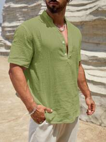 HIMLAND Loose Men Solid Half Button Shirt - Green - View 3