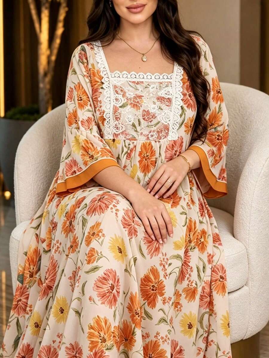 Al Najma 加大码女士橙色碎花长连衣裙,七分袖,双层荷叶边袖口,前片花卉蕾丝拼接,适合春夏休闲及各种场合穿着。 - 橘色 - 查看 1