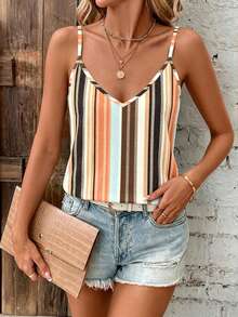 SHEIN Clasi Casual Minimalist Asymmetrical Colorful Striped All-Over Print Pattern V-Neck Loose Camisole Suitable For Summer Vacation Style - Multicolor - View 3