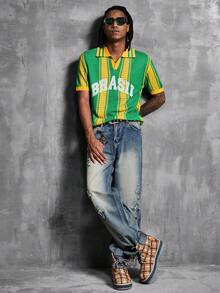 Manfinity Denimwave Men's Contrast Color Striped Letter Print Hollow Out Football Knit Top - Green - View 3