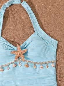 SHEIN Tankini de unicolor con cuello halter para niña preadolescente, adecuado para el verano - Celeste - Ver 3