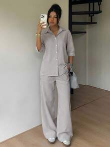 SHEIN EZwear 女士条纹单排扣上衣和裤子休闲套装，适合夏季穿着，包括女士细条纹家居服、条纹套装、最新女士商务休闲装、Pinterest 女士商务休闲装、每日穿搭、女士穿搭灵感、女士商务休闲旅行装、绿白条纹 - 咖啡棕 - 查看 6