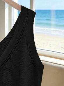 Franclia Women's Casual Minimalist Vintage Versatile Commuting Suitable For Beach Vacation Wear, V-Neck Sleeveless Button Plus Size Knit Top, Spring Summer - Black - View 5