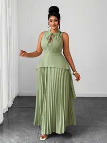 Maweii Plus Size Women's Round Neck Elegant Hollow Out Ruffle Hem Asymmetrical Pleated Full Skirt Sleeveless Tie Two Pieces Set - Green - View 3