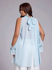 Viva Relle Plus Size Women's Summer Stand Collar Pleated Solid Color Asymmetrical Hem Elegant Sexy Blouse - Blue - View 3