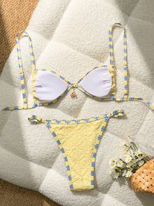 Swim Mod Women's Special Fabric Patchwork Yellow Trim Triangle Cup Adjustable Shoulder Strap Accessory Decor Two-Piece Swimsuit Set Beach Vacation Tropical - Light Yellow - View 2