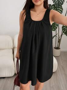 Solflare Plus Size Women's Solid Color Pleated Casual Vacation Sleeveless Dress Formal Vacation Black Summer - Black - View 6