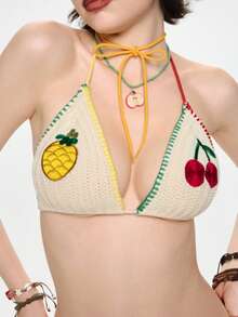 Sweetness Spring Summer Vacation Handmade Girl's Crochet Bikini Top, Black And White Leopard Print Contrast Color Design Women's Knit Top Beach Cute Y2k - Apricot - View 12