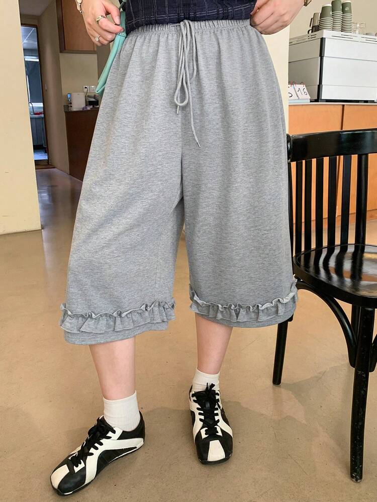 Dazy Plus Elastic Waist Loose Wide Leg Frill Trim Casual Sports 5-Point Pants Plus Size Women Spring Summer Knit Shorts