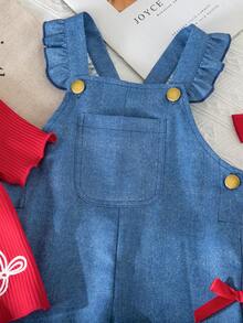 SHEIN Vintaside Kids 2件套女童休闲可爱纯色短袖上衣和花卉刺绣背带裤套装，适合春夏日常穿着 - 紅白色 - 查看 7