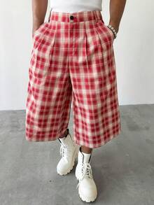 Manfinity Hypemode Men's Plus Size Plaid Pattern Elastic Waist Shorts - Red - View 1