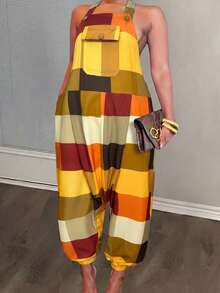 Slaydiva Wedding Guest Boho, Commute, Brunch, Airport, Party Holiday Yellow Plaid Print Pattern Women Hollow Square Contrast Color Casual Jumpsuit, Plus Size - Multicolor - View 3