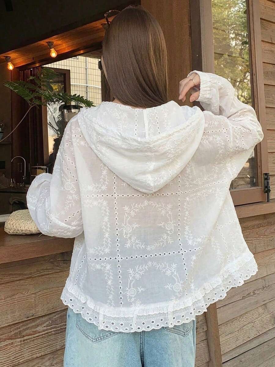 DAZY Women's Hooded Long Sleeve Loose Textured Fabric Lace Patchwork Casual Vacation Style Regular Jacket - White - View 1